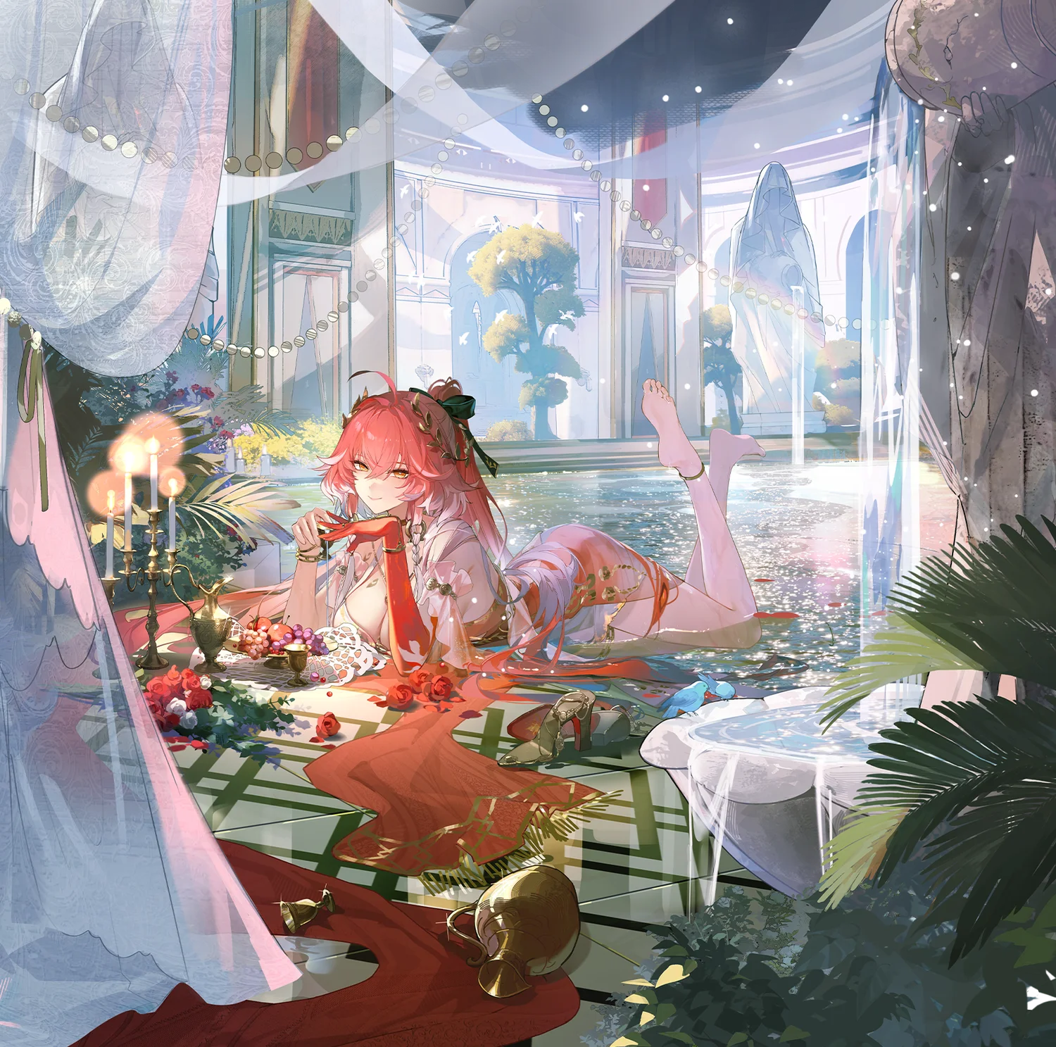 长离桂枝宁芙官方立绘,温泉与桂枝装饰中的夏日休憩